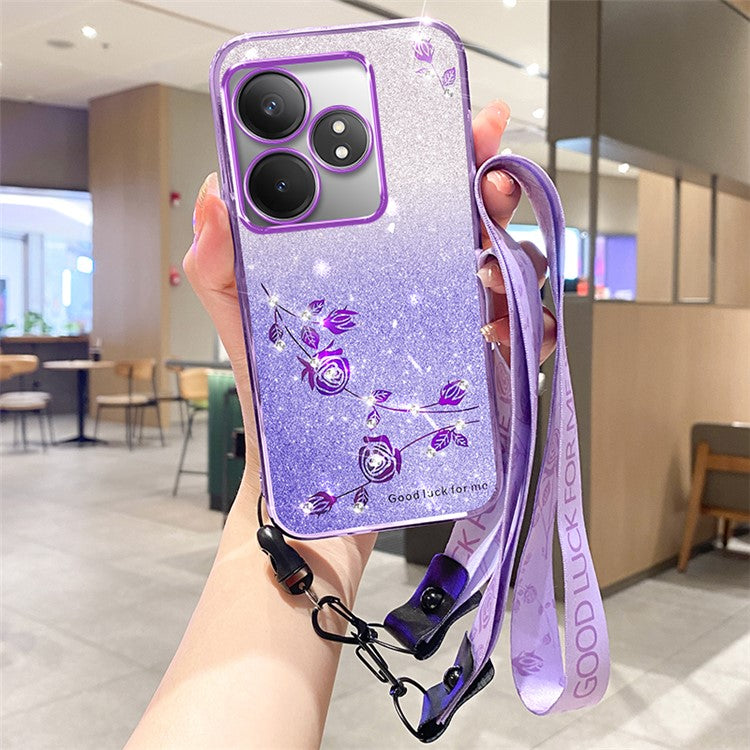 KADEM For Realme GT Neo6 SE 5G Case Flower Glitter TPU Phone Cover with Lanyard - Purple