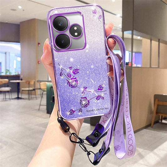 KADEM For Realme GT Neo6 SE 5G Case Flower Glitter TPU Phone Cover with Lanyard - Purple