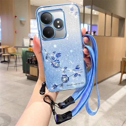 KADEM For Realme GT Neo6 SE 5G Case Flower Glitter TPU Phone Cover with Lanyard - Blue