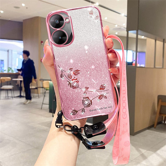 KADEM For Realme V30 5G / V30t Case TPU Glitter Floral Phone Cover with Anti-Drop Lanyard - Rose Gold