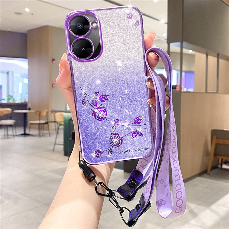 KADEM For Realme V30 5G / V30t Case TPU Glitter Floral Phone Cover with Anti-Drop Lanyard - Purple