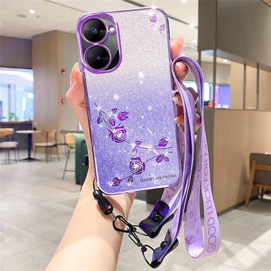 KADEM For Realme V30 5G / V30t Case TPU Glitter Floral Phone Cover with Anti-Drop Lanyard - Purple