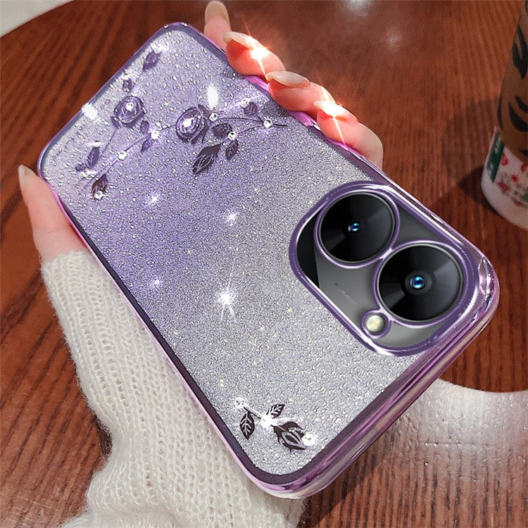 KADEM For Realme V30 5G / V30t Case TPU Glitter Floral Phone Cover with Anti-Drop Lanyard - Purple