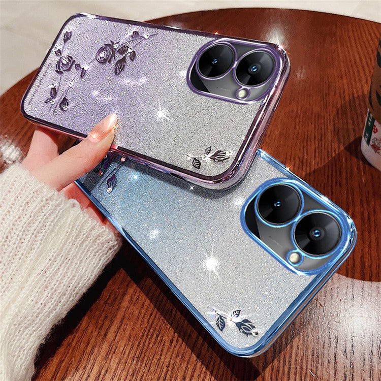 KADEM For Realme V30 5G / V30t Case TPU Glitter Floral Phone Cover with Anti-Drop Lanyard - Purple