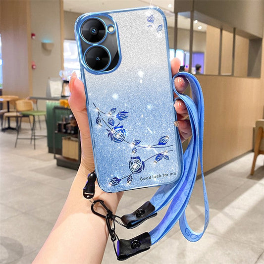 KADEM For Realme V30 5G / V30t Case TPU Glitter Floral Phone Cover with Anti-Drop Lanyard - Blue