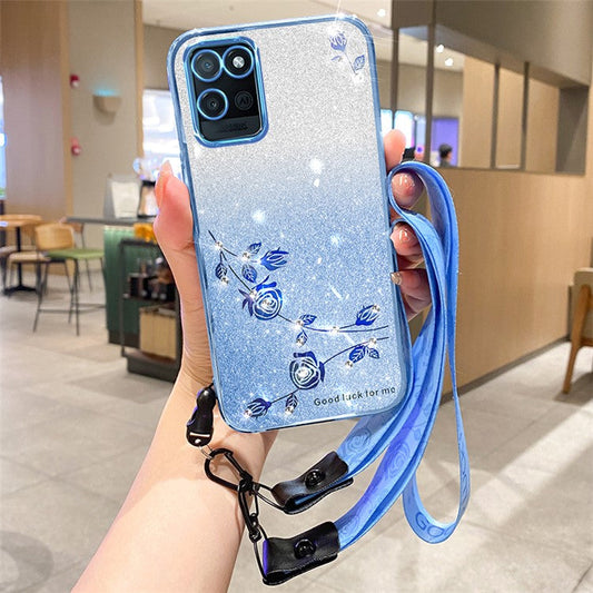 KADEM For Realme V11 5G Case Flower Glitter Soft TPU Cover with Lanyard - Blue