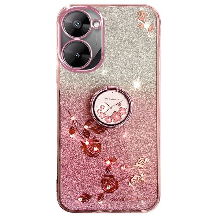 KADEM For Realme V30 5G / V30t Case Floral Glitter Rhinestone TPU Phone Shell with Kickstand - Rose Gold