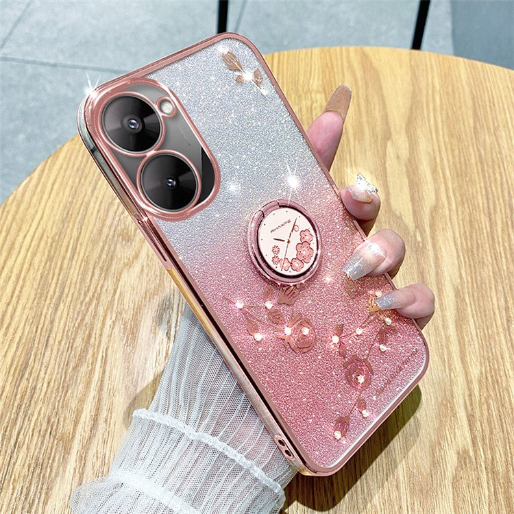 KADEM For Realme V30 5G / V30t Case Floral Glitter Rhinestone TPU Phone Shell with Kickstand - Rose Gold