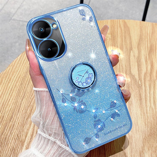 KADEM For Realme V30 5G / V30t Case Floral Glitter Rhinestone TPU Phone Shell with Kickstand - Blue