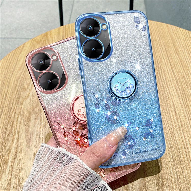 KADEM For Realme V30 5G / V30t Case Floral Glitter Rhinestone TPU Phone Shell with Kickstand - Blue