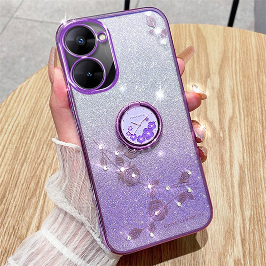 KADEM For Realme V30 5G / V30t Case Floral Glitter Rhinestone TPU Phone Shell with Kickstand - Purple