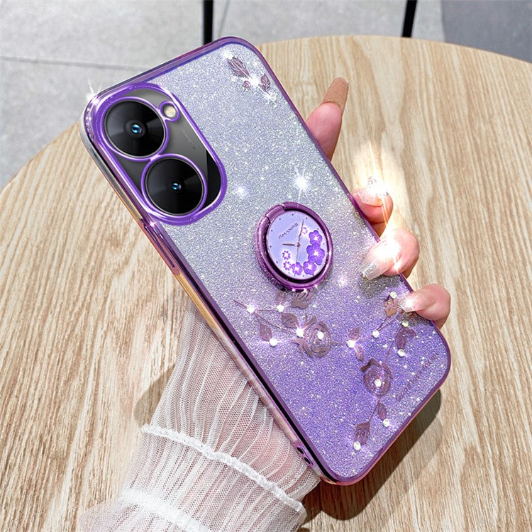 KADEM For Realme V30 5G / V30t Case Floral Glitter Rhinestone TPU Phone Shell with Kickstand - Purple