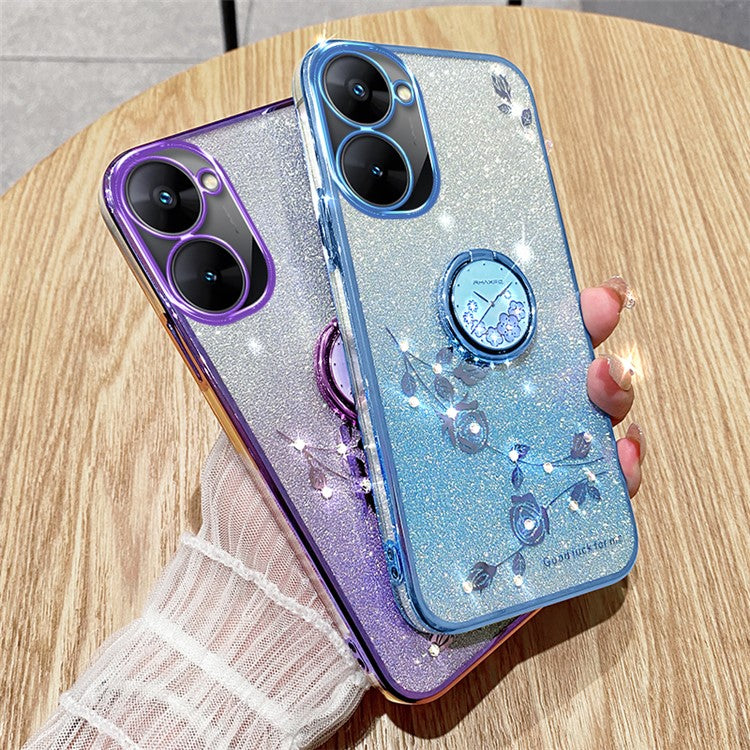 KADEM For Realme V30 5G / V30t Case Floral Glitter Rhinestone TPU Phone Shell with Kickstand - Purple