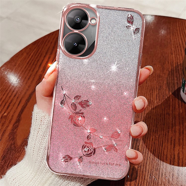 KADEM For Realme V30 5G / V30t Case Floral TPU Phone Cover Glitter Rhinestone Decor - Rose Gold