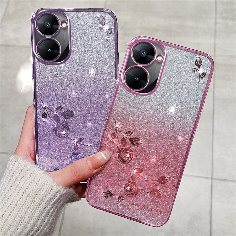 KADEM For Realme V30 5G / V30t Case Floral TPU Phone Cover Glitter Rhinestone Decor - Purple
