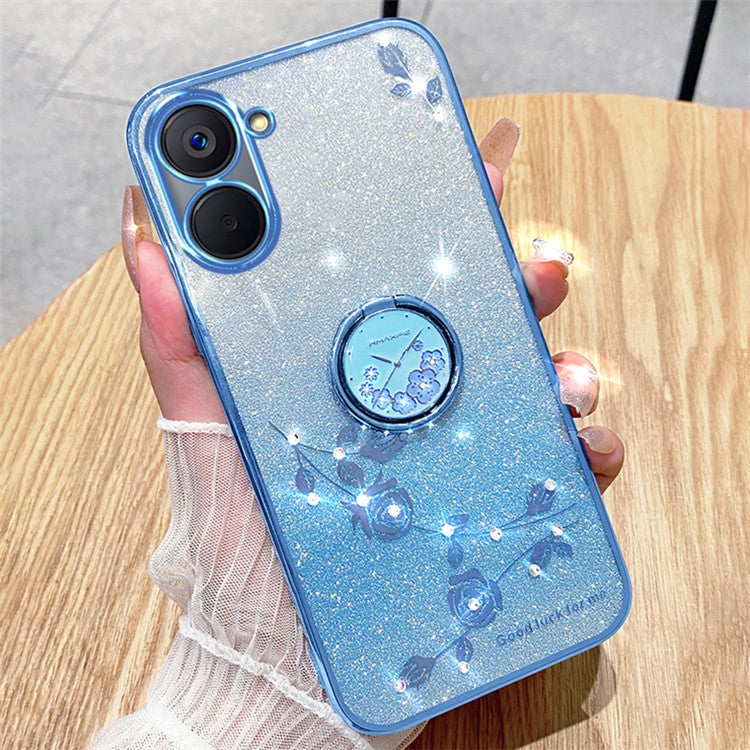 KADEM For Realme V20 5G Kickstand Case Soft TPU Phone Cover Floral Glitter Rhinestone Decor - Blue