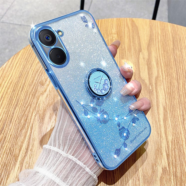 KADEM For Realme V20 5G Kickstand Case Soft TPU Phone Cover Floral Glitter Rhinestone Decor - Blue