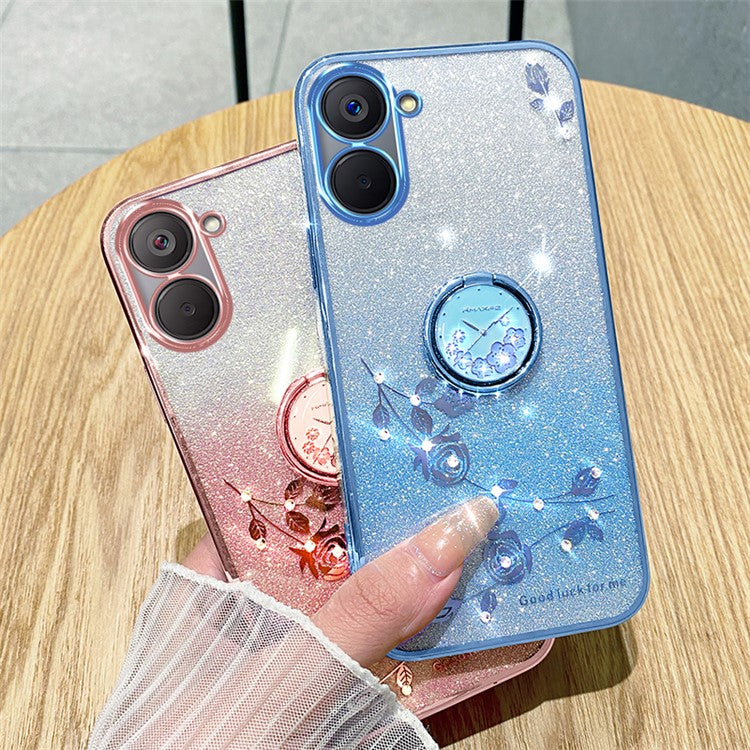 KADEM For Realme V20 5G Kickstand Case Soft TPU Phone Cover Floral Glitter Rhinestone Decor - Blue