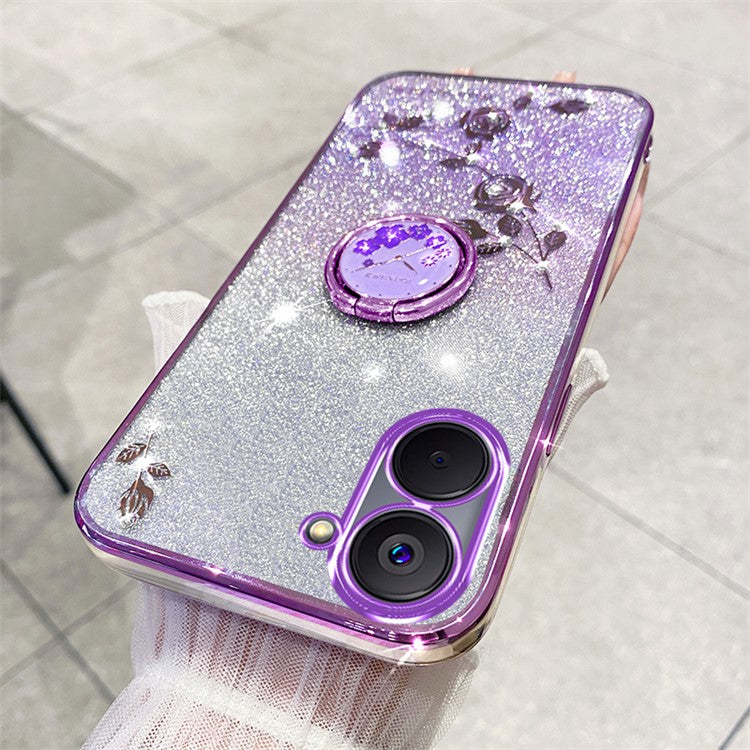 KADEM For Realme V20 5G Kickstand Case Soft TPU Phone Cover Floral Glitter Rhinestone Decor - Purple