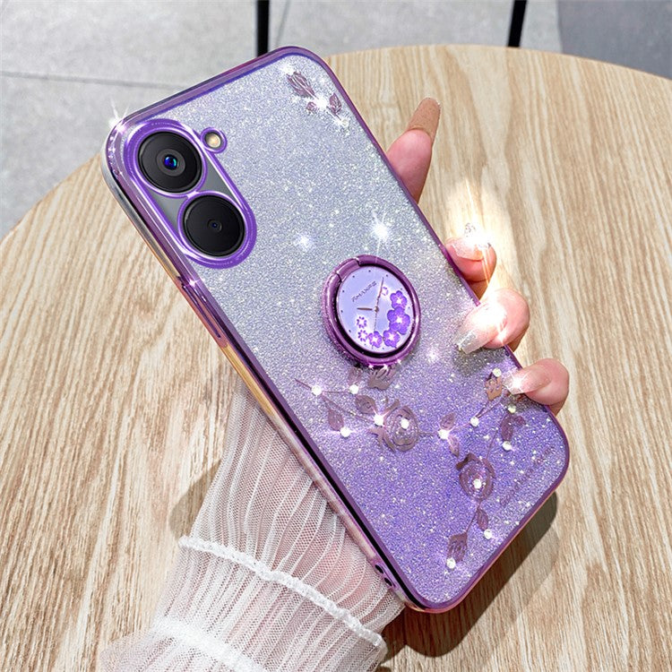 KADEM For Realme V20 5G Kickstand Case Soft TPU Phone Cover Floral Glitter Rhinestone Decor - Purple