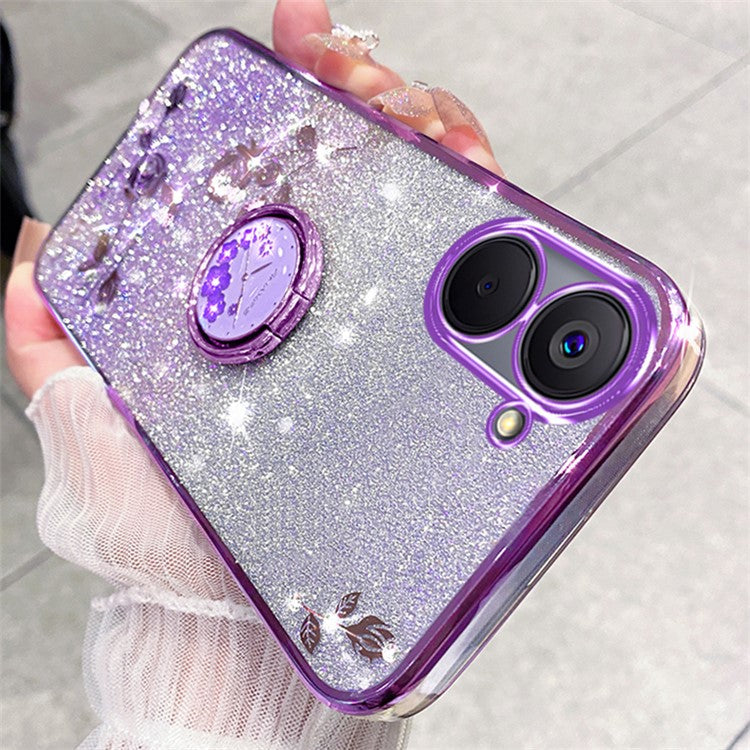 KADEM For Realme V20 5G Kickstand Case Soft TPU Phone Cover Floral Glitter Rhinestone Decor - Purple