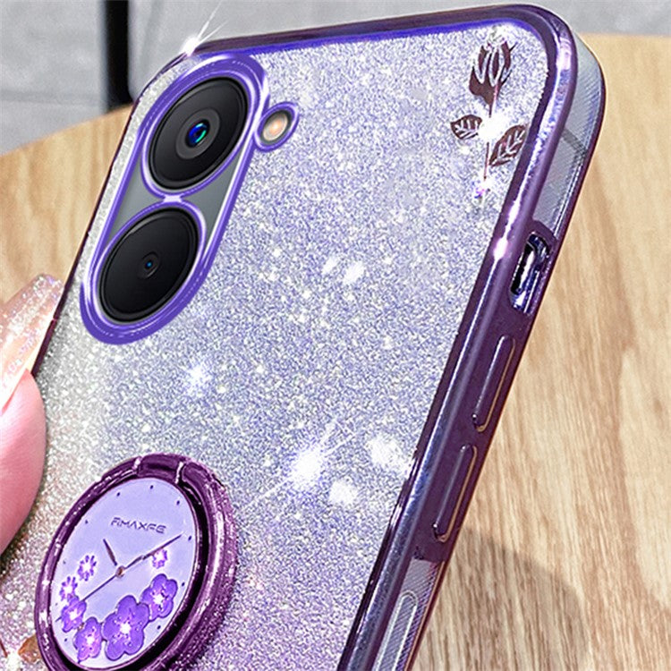 KADEM For Realme V20 5G Kickstand Case Soft TPU Phone Cover Floral Glitter Rhinestone Decor - Purple