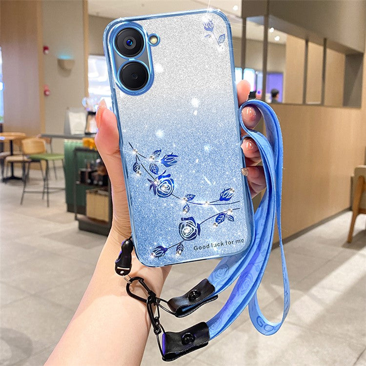 KADEM For Realme V20 5G Case Flower Gradient Bling TPU Phone Cover with Lanyard - Blue