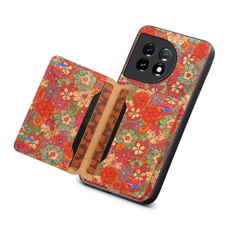 For OnePlus 11 5G Shockproof Case Kickstand Card Slot PU+TPU+PC Phone Shell - Summer / Red