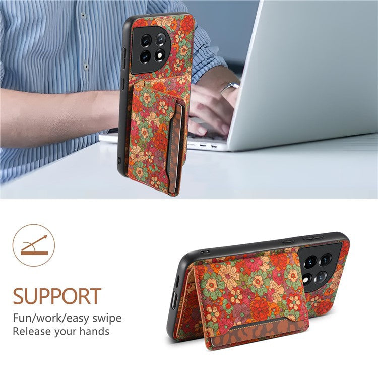 For OnePlus 11 5G Shockproof Case Kickstand Card Slot PU+TPU+PC Phone Shell - Summer / Red