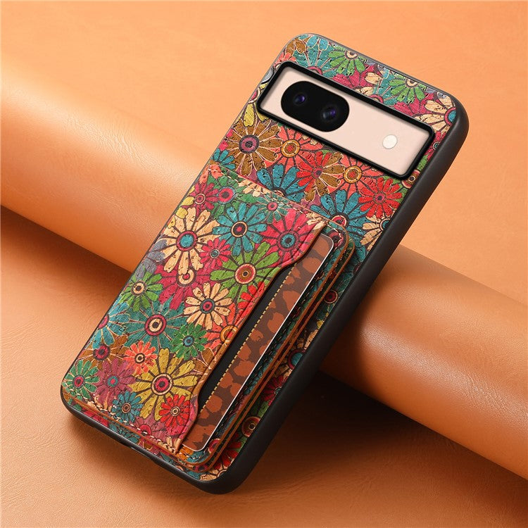 For Google Pixel 8a Case Leather Card Holder Phone Cover Floral Flower Pattern - Spring / Green