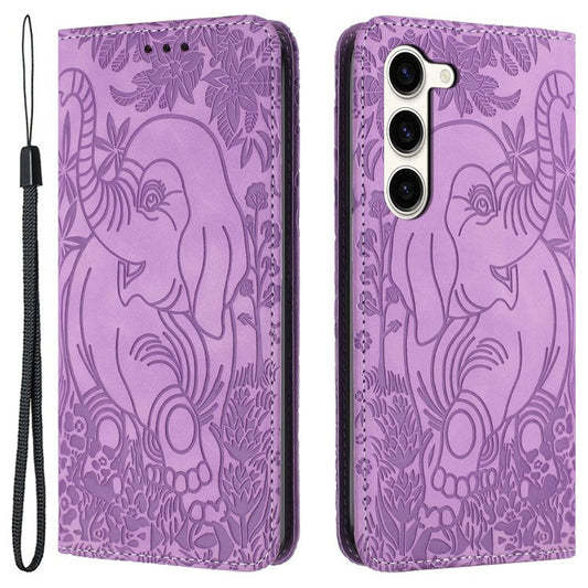 For Samsung Galaxy S23 Case Leather Magnetic Wallet Phone Cover Elephant Pattern - Purple