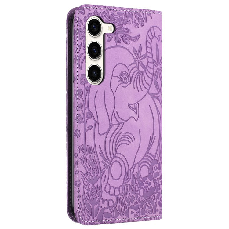 For Samsung Galaxy S23 Case Leather Magnetic Wallet Phone Cover Elephant Pattern - Purple