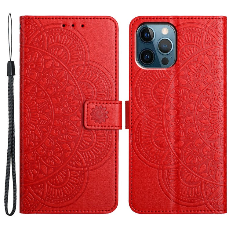 For iPhone 16 Pro Case PU Leather Stand Wallet Phone Cover Mandala Imprinted - Red