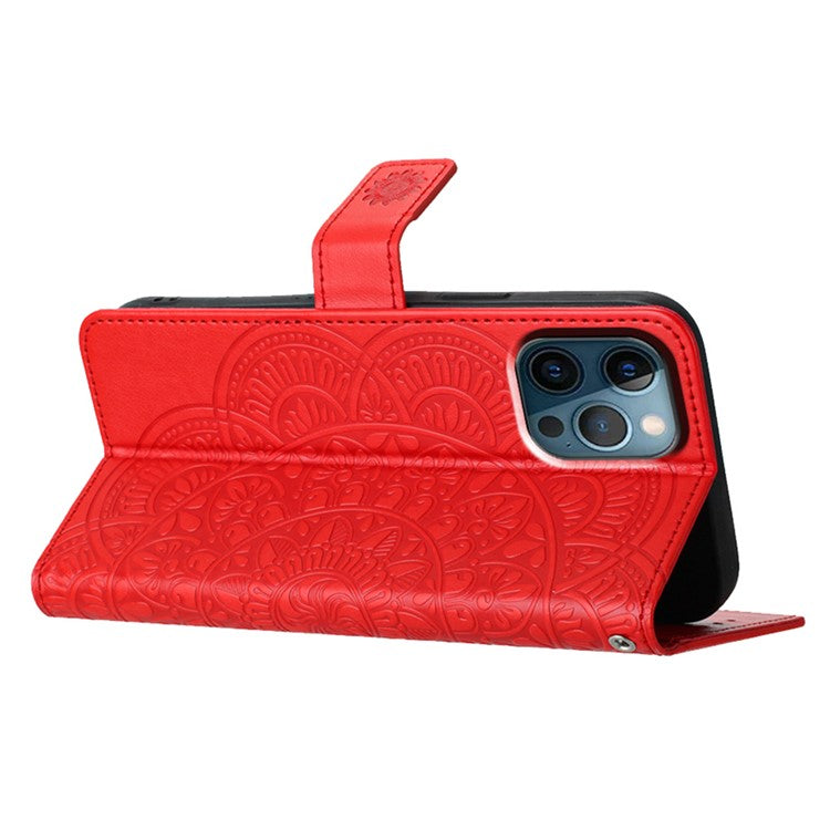 For iPhone 16 Pro Case PU Leather Stand Wallet Phone Cover Mandala Imprinted - Red
