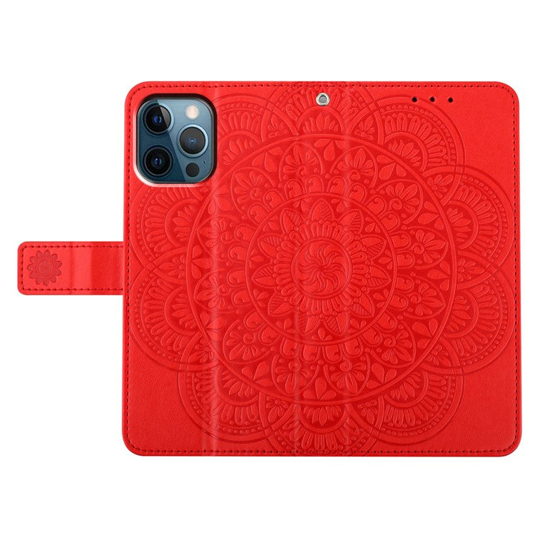 For iPhone 16 Pro Case PU Leather Stand Wallet Phone Cover Mandala Imprinted - Red