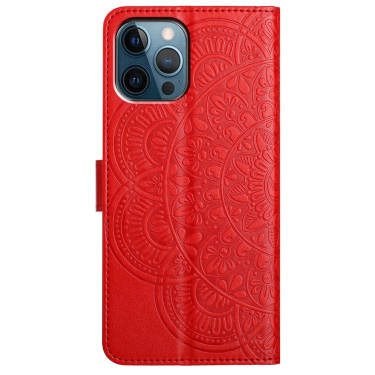 For iPhone 16 Pro Case PU Leather Stand Wallet Phone Cover Mandala Imprinted - Red