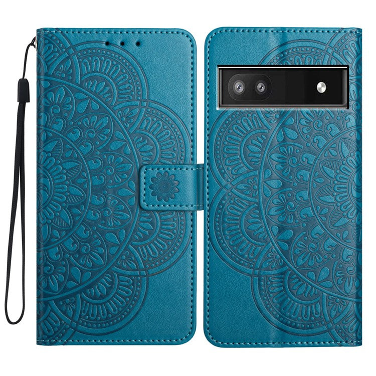 For Google Pixel 8a Case PU Leather Mandala Imprinted Phone Cover - Blue