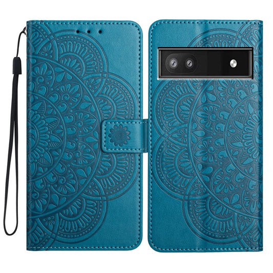 For Google Pixel 8a Case PU Leather Mandala Imprinted Phone Cover - Blue