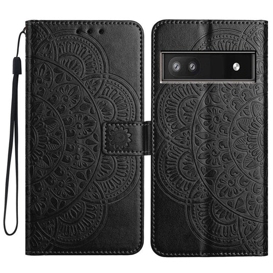 For Google Pixel 8a Case PU Leather Mandala Imprinted Phone Cover - Black