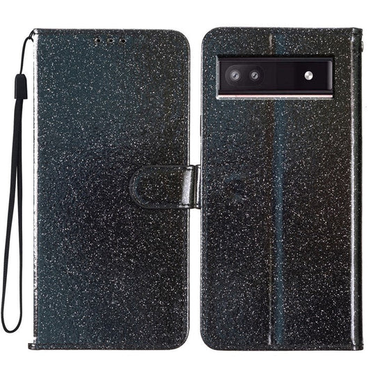 For Google Pixel 8a Case Shiny Leather Glitter Flip Stand Phone Cover - Black