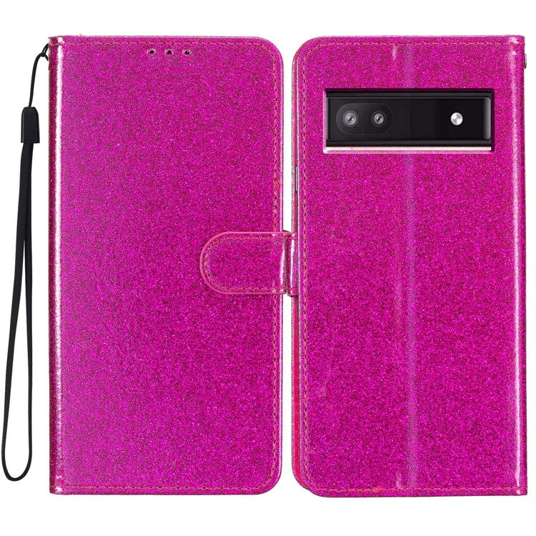 For Google Pixel 8a Case Shiny Leather Glitter Flip Stand Phone Cover - Rose