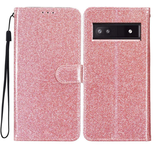For Google Pixel 8a Case Shiny Leather Glitter Flip Stand Phone Cover - Rose Gold