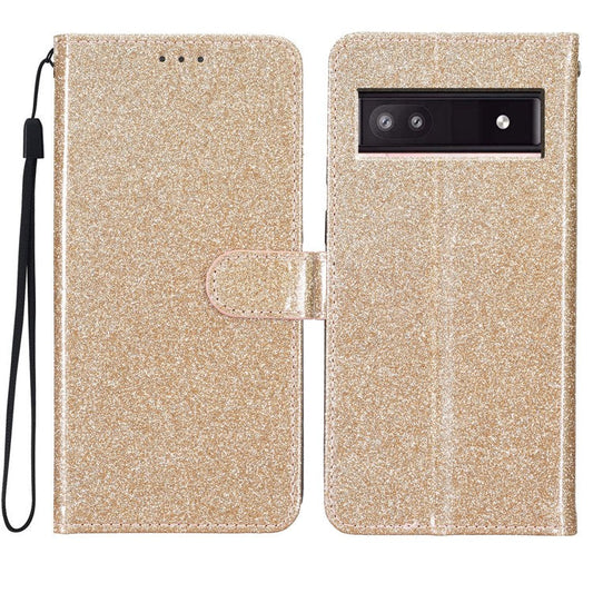 For Google Pixel 8a Case Shiny Leather Glitter Flip Stand Phone Cover - Gold