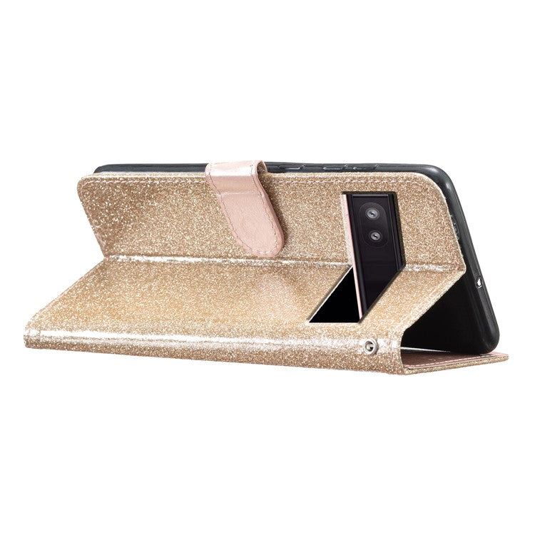 For Google Pixel 8a Case Shiny Leather Glitter Flip Stand Phone Cover - Gold