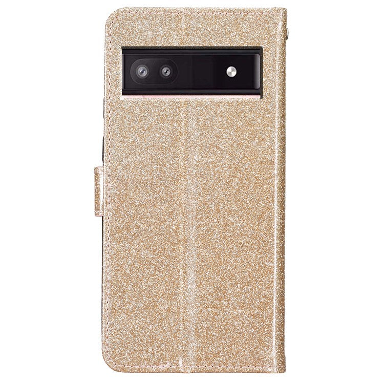 For Google Pixel 8a Case Shiny Leather Glitter Flip Stand Phone Cover - Gold