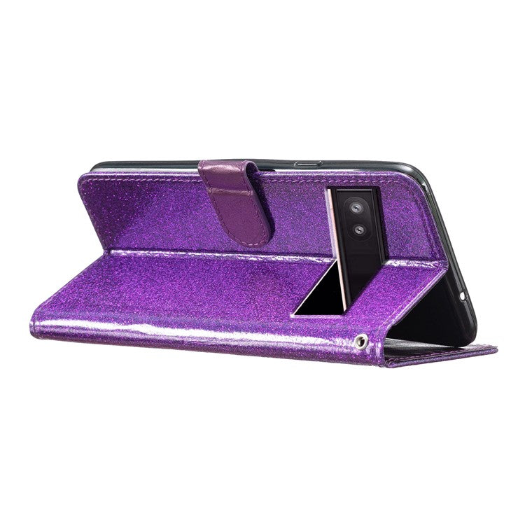 For Google Pixel 8a Case Shiny Leather Glitter Flip Stand Phone Cover - Purple