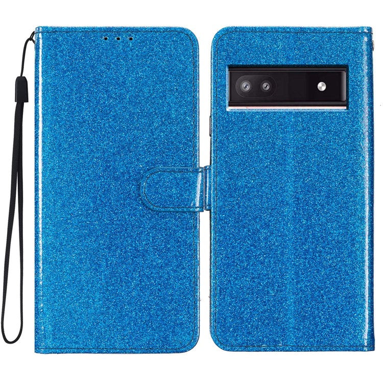For Google Pixel 8a Case Shiny Leather Glitter Flip Stand Phone Cover - Blue