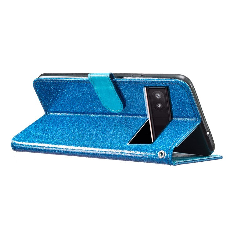 For Google Pixel 8a Case Shiny Leather Glitter Flip Stand Phone Cover - Blue