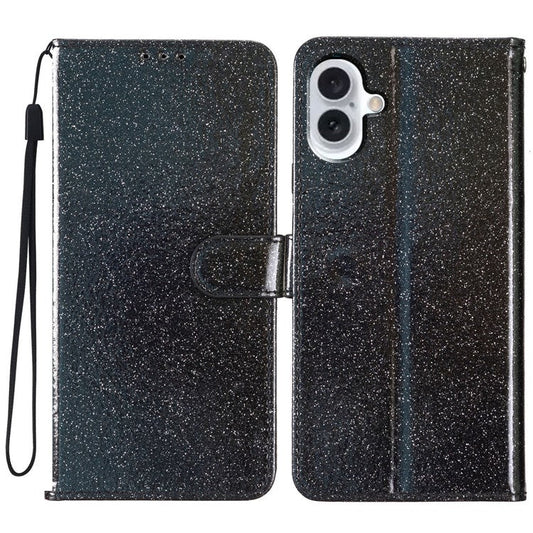 For iPhone 16 Plus Case PU Leather Wallet Folding Stand Glitter Phone Cover - Black