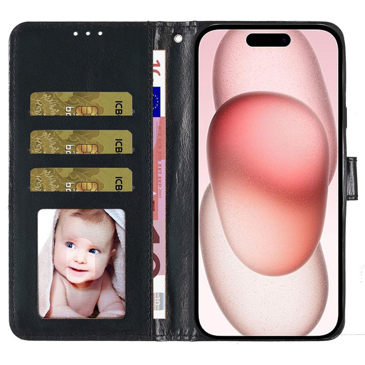For iPhone 16 Protective Case Glitter Leather Wallet Phone Cover - Black